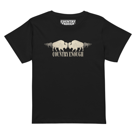 Women's high waist t-shirt with graphic of mirrored bison silhouette and words country enough #black