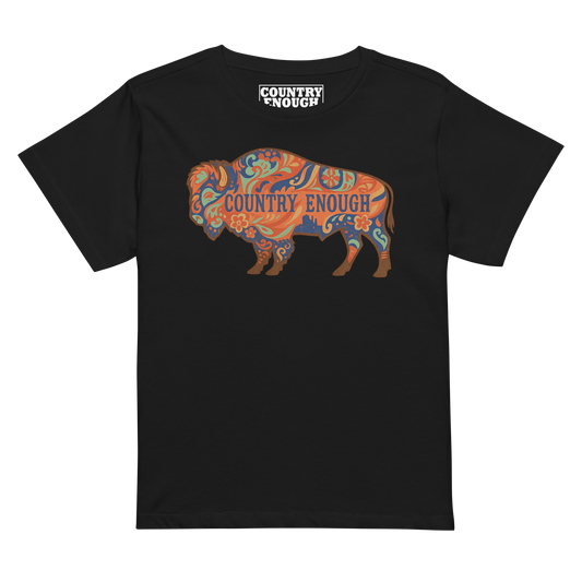Women's t-shirt with floral buffalo graphic and Country Enough text #black