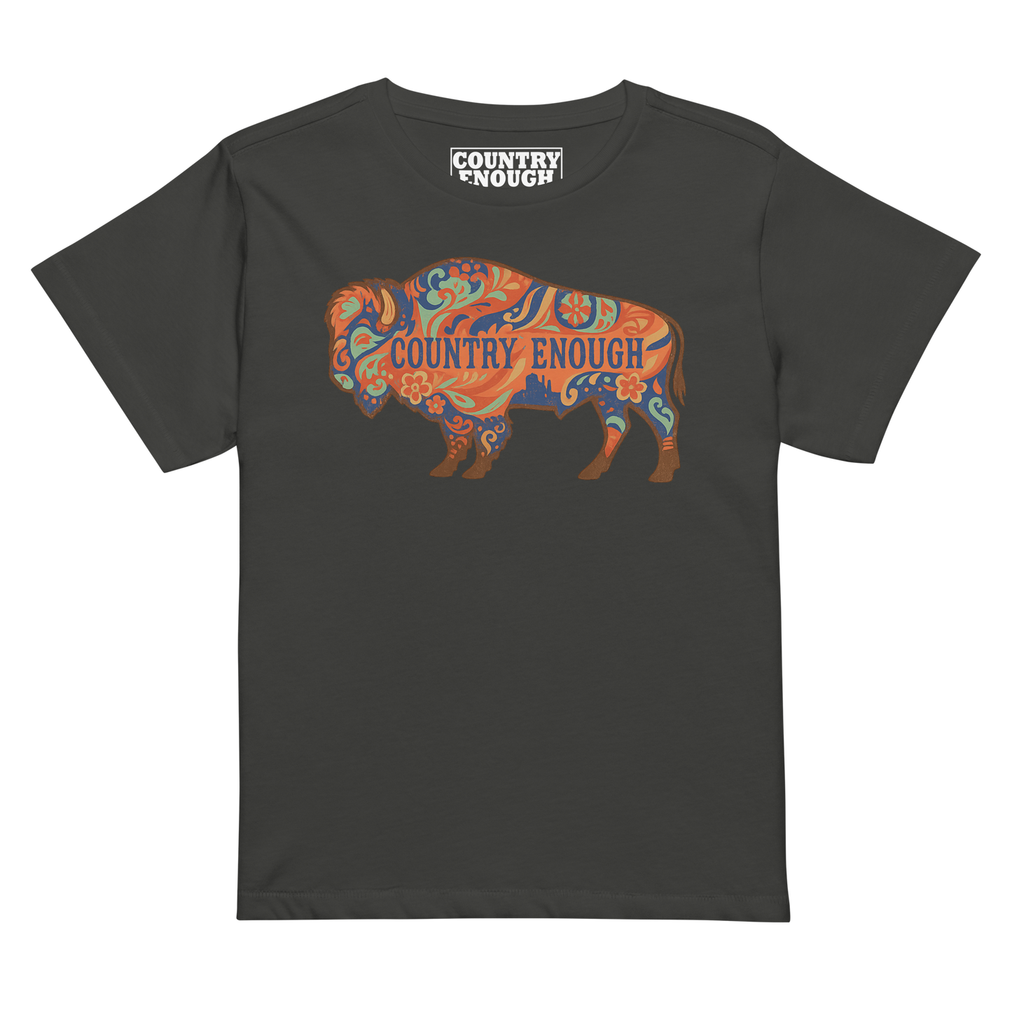 Women's t-shirt with floral buffalo graphic and Country Enough text #vintageblack