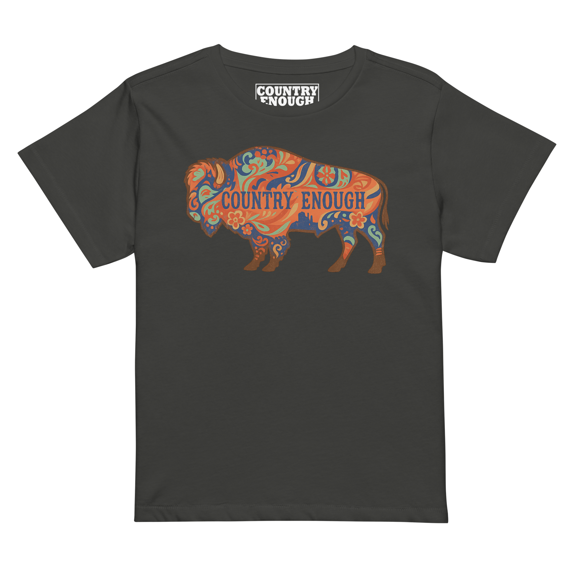 Women's t-shirt with floral buffalo graphic and Country Enough text #vintageblack