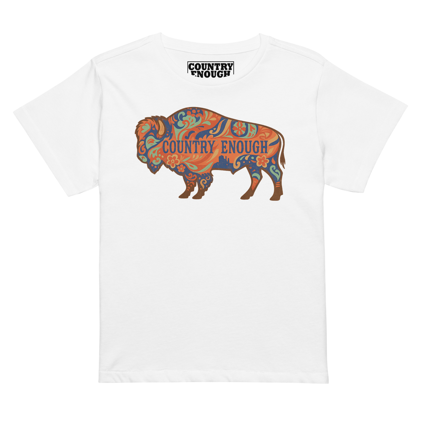 Women's t-shirt with floral buffalo graphic and Country Enough text #white