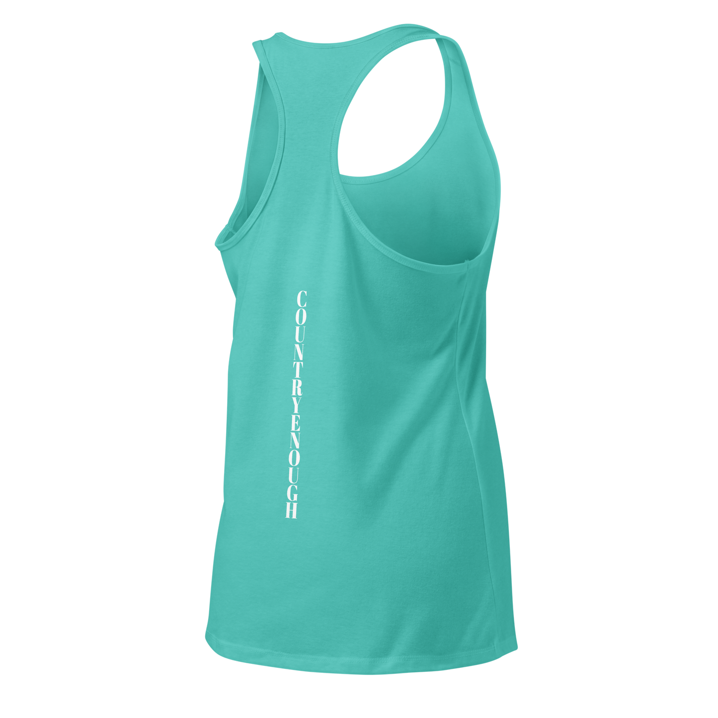 Tahiti Blue tank top with words country enough on the front and words country enough down the spine on the back #tahitiblue