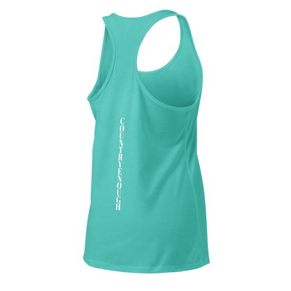 Tahiti Blue tank top with words country enough on the front and words country enough down the spine on the back #tahitiblue