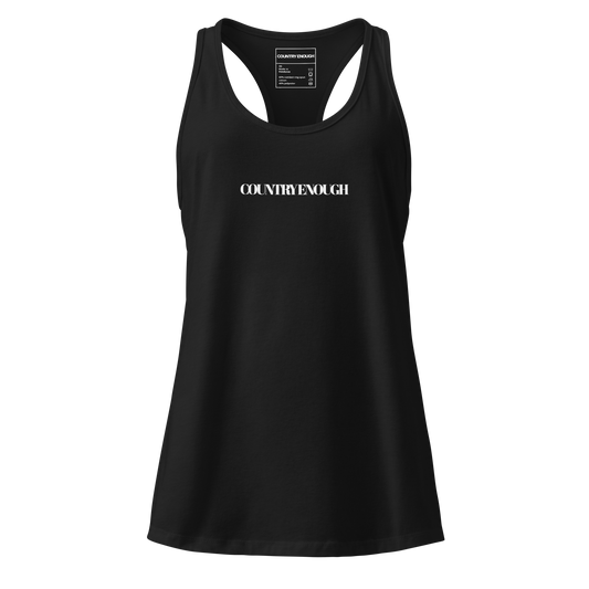 Black tank top with words country enough on the front and words country enough down the spine on the back #black