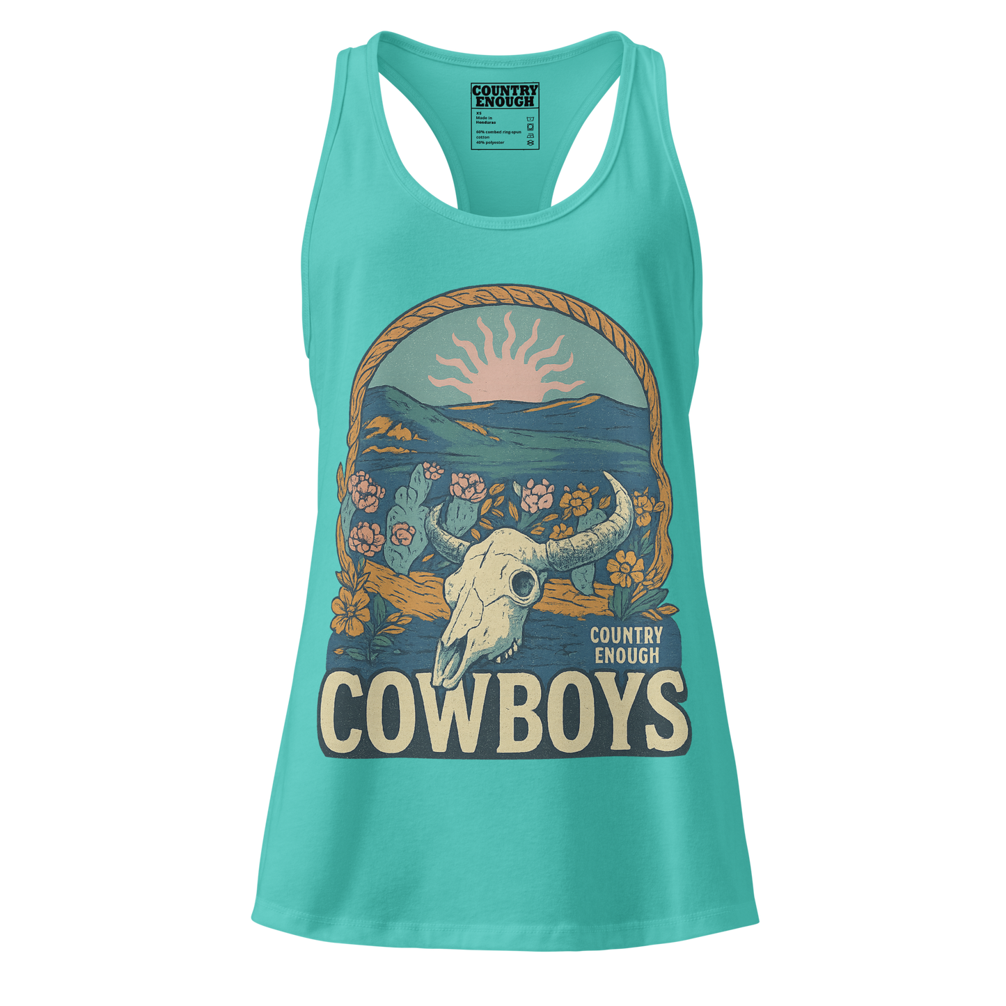 Women's tank top with graphic of bison skull, sun, mountains, flowers and cacti with a rope border and the word cowboys below #tahitiblue