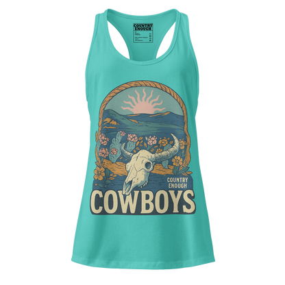 Women's tank top with graphic of bison skull, sun, mountains, flowers and cacti with a rope border and the word cowboys below #tahitiblue