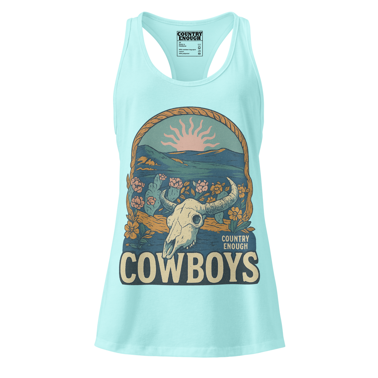 Women's tank top with graphic of bison skull, sun, mountains, flowers and cacti with a rope border and the word cowboys below #cancun