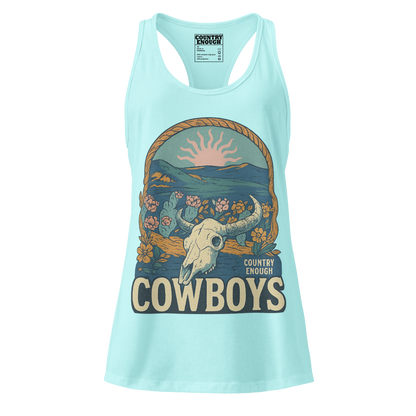 Women's tank top with graphic of bison skull, sun, mountains, flowers and cacti with a rope border and the word cowboys below #cancun