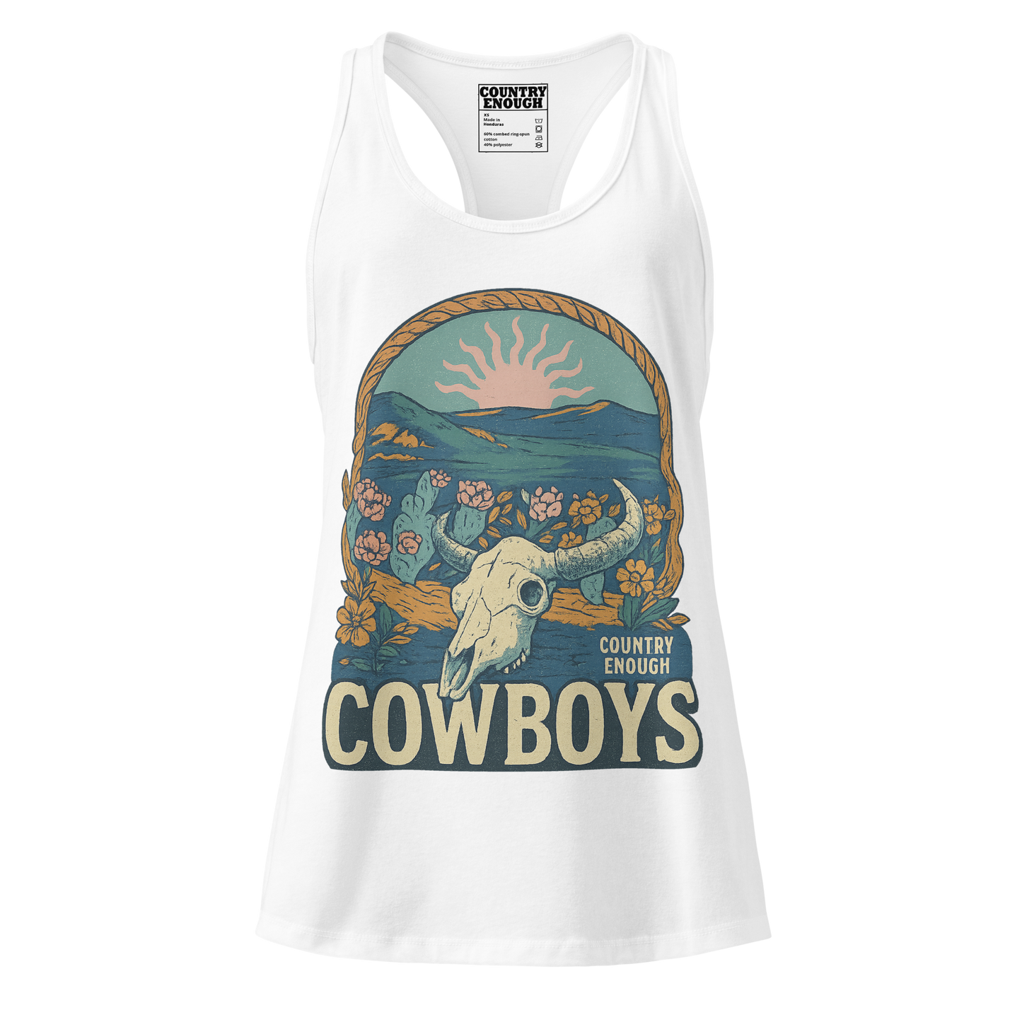 Women's tank top with graphic of bison skull, sun, mountains, flowers and cacti with a rope border and the word cowboys below #white