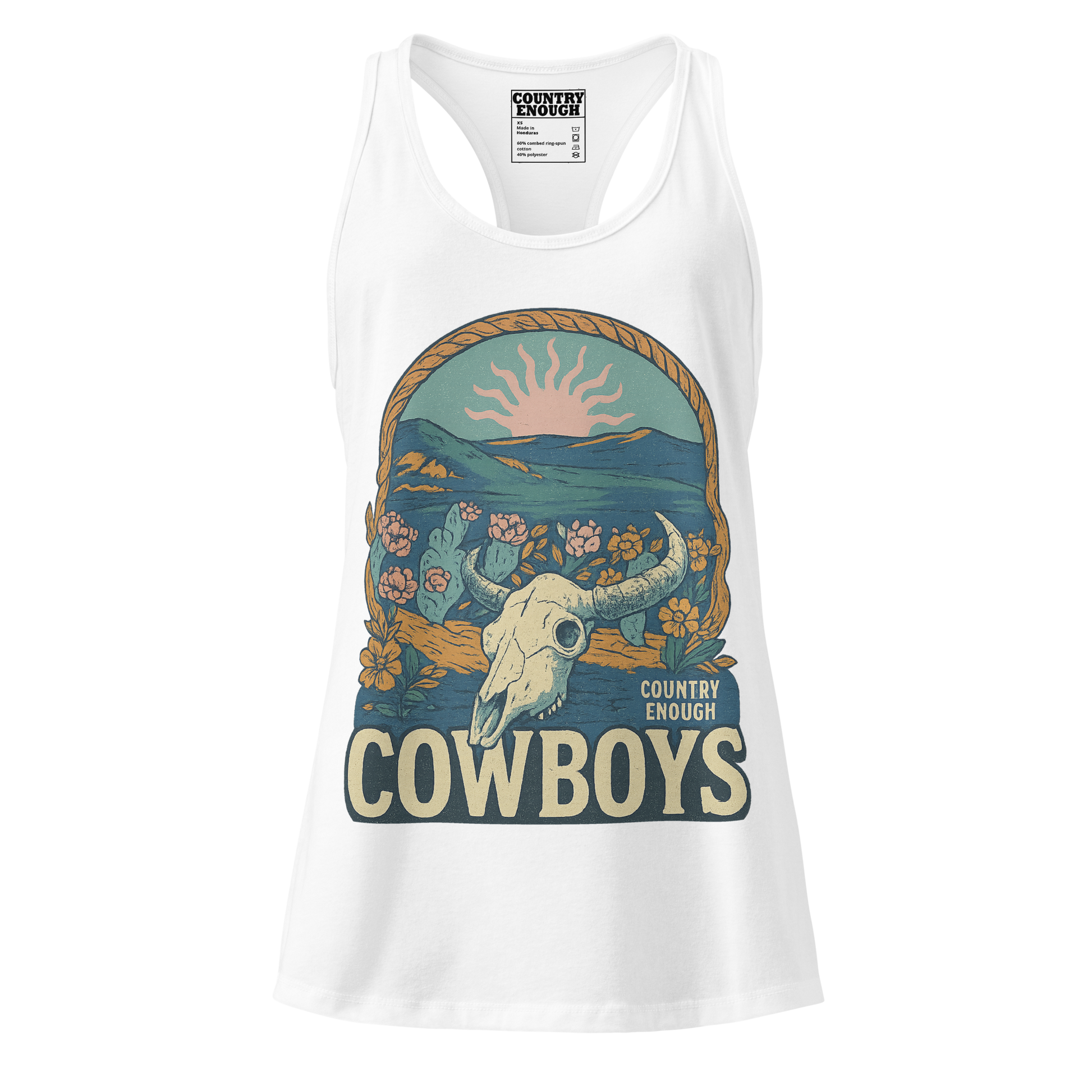 Women's tank top with graphic of bison skull, sun, mountains, flowers and cacti with a rope border and the word cowboys below #white