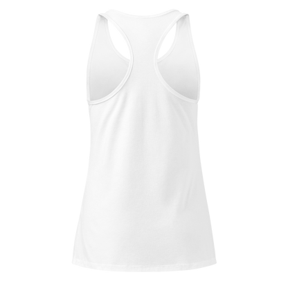 Women's tank top with graphic of bison skull, sun, mountains, flowers and cacti with a rope border and the word cowboys below #white