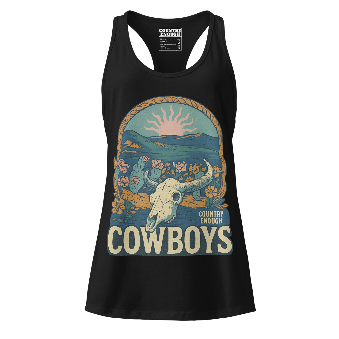 Women's tank top with graphic of bison skull, sun, mountains, flowers and cacti with a rope border and the word cowboys below #black