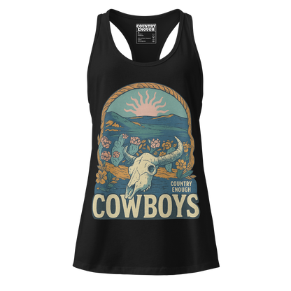 Women's tank top with graphic of bison skull, sun, mountains, flowers and cacti with a rope border and the word cowboys below #black