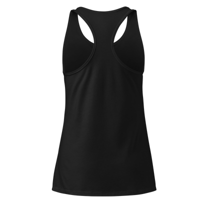 Women's tank top with graphic of bison skull, sun, mountains, flowers and cacti with a rope border and the word cowboys below #black