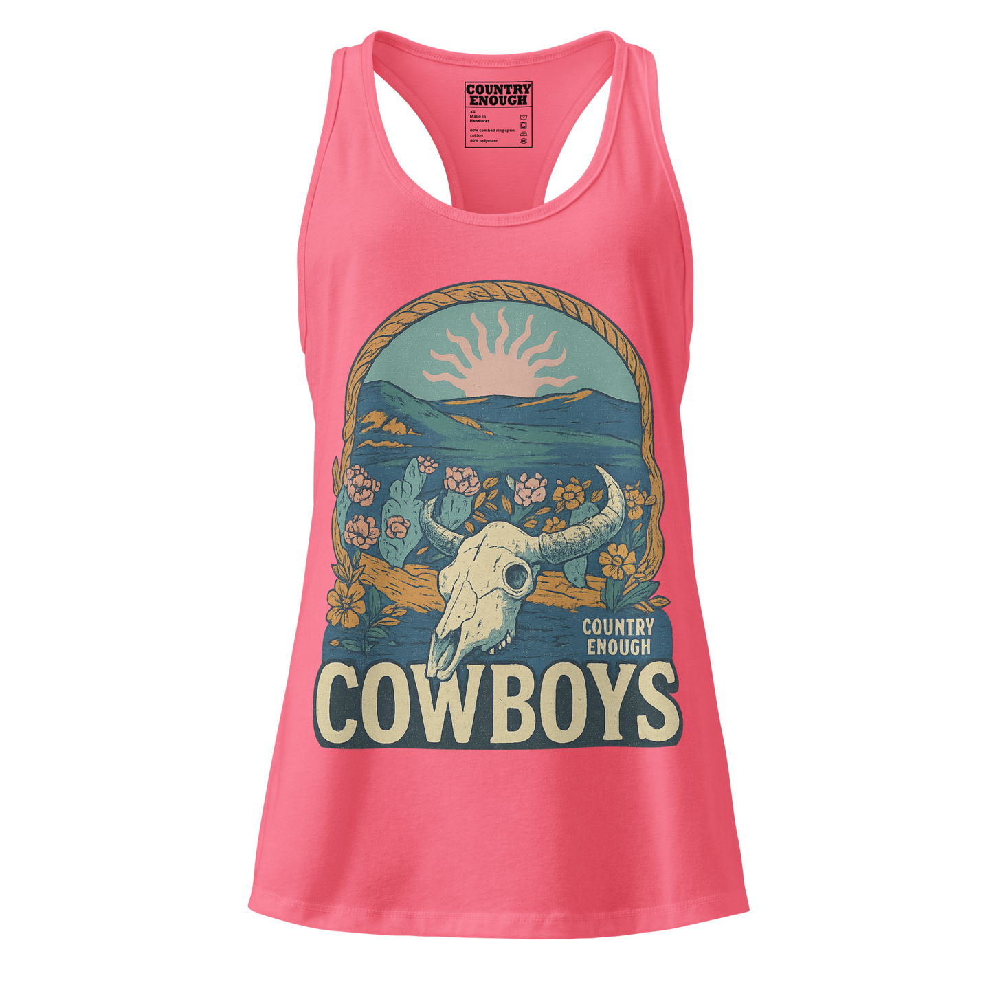 Women's tank top with graphic of bison skull, sun, mountains, flowers and cacti with a rope border and the word cowboys below #hotpink