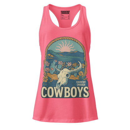 Women's tank top with graphic of bison skull, sun, mountains, flowers and cacti with a rope border and the word cowboys below #hotpink