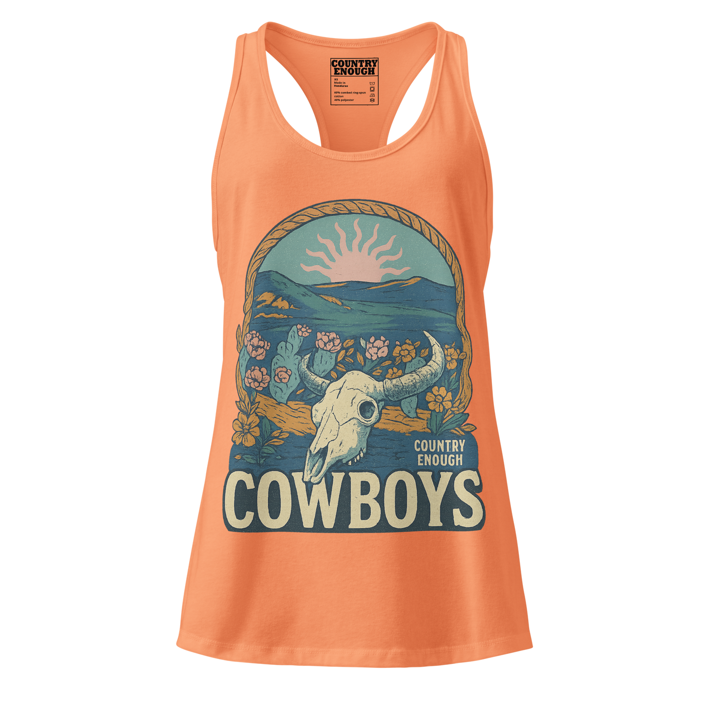 Women's tank top with graphic of bison skull, sun, mountains, flowers and cacti with a rope border and the word cowboys below #lightorange
