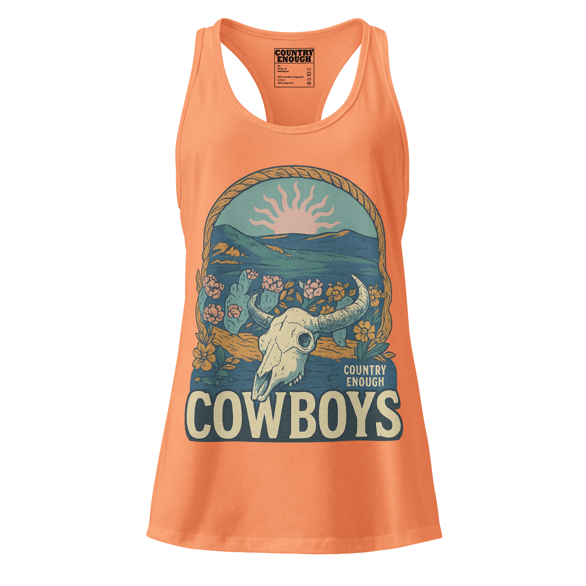 Women's tank top with graphic of bison skull, sun, mountains, flowers and cacti with a rope border and the word cowboys below #lightorange