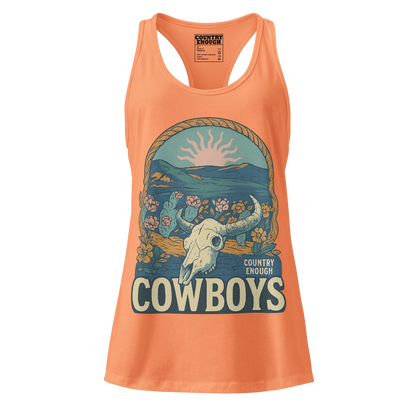 Women's tank top with graphic of bison skull, sun, mountains, flowers and cacti with a rope border and the word cowboys below #lightorange