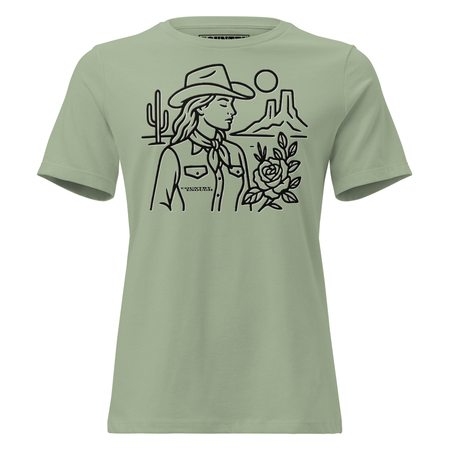 Women's t-shirt with graphic of a cowgirl, desert landscape, sun, cacti, and rose #sage
