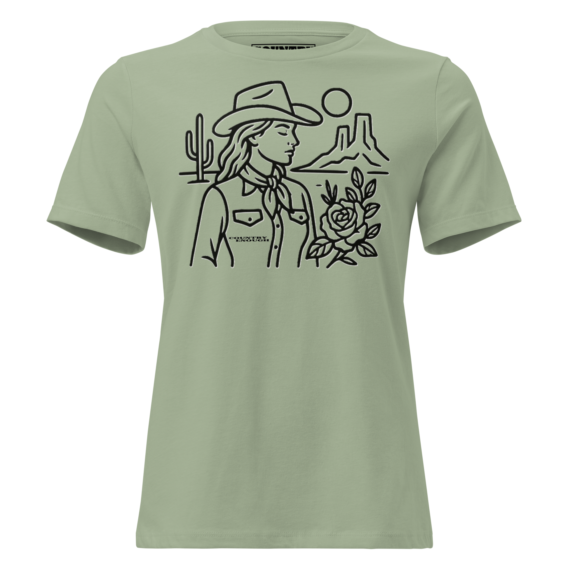 Women's t-shirt with graphic of a cowgirl, desert landscape, sun, cacti, and rose #sage