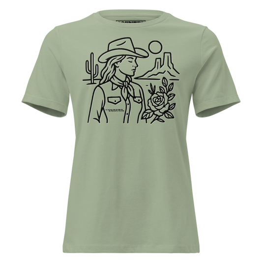 Women's t-shirt with graphic of a cowgirl, desert landscape, sun, cacti, and rose #sage