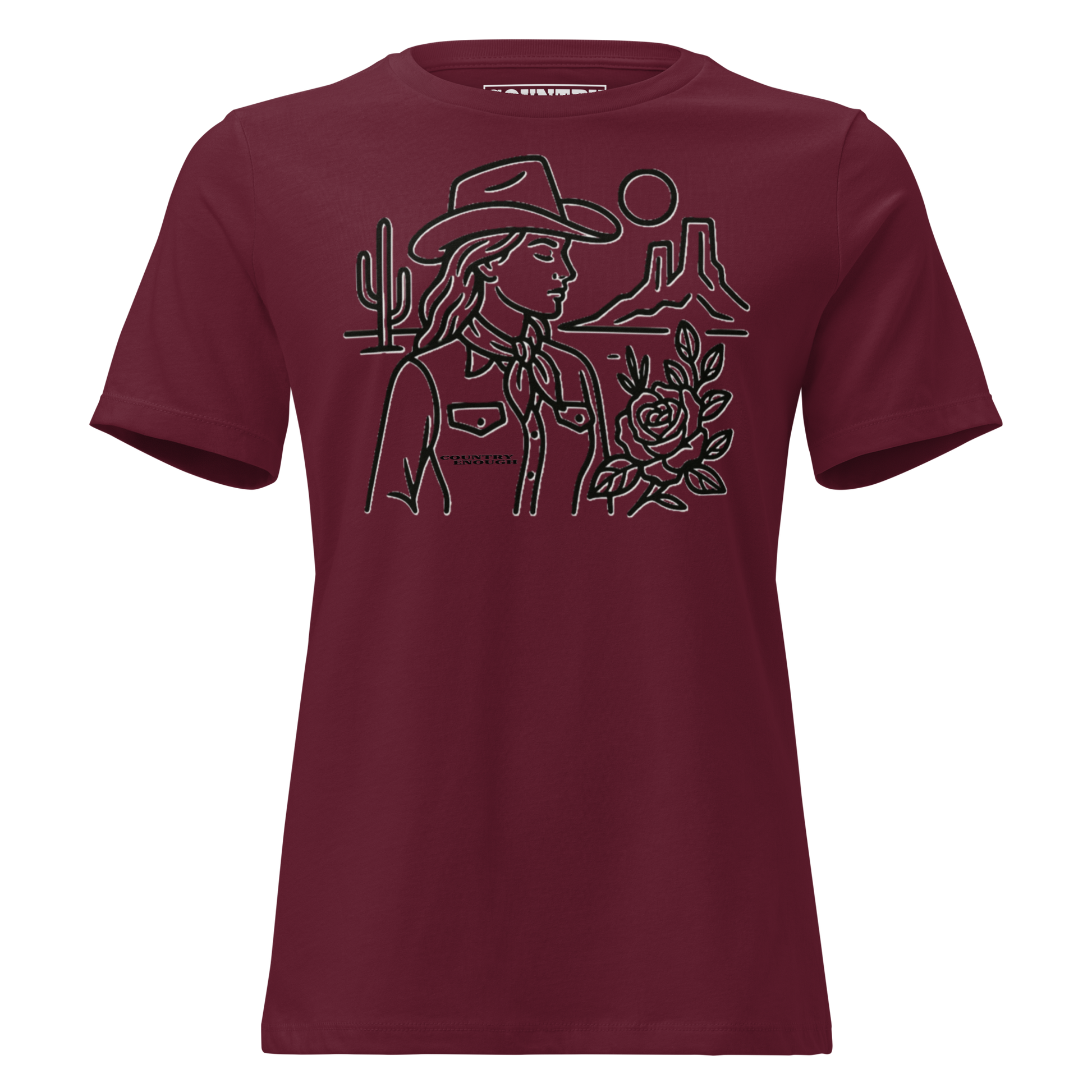 Women's t-shirt with graphic of a cowgirl, desert landscape, sun, cacti, and rose #maroon