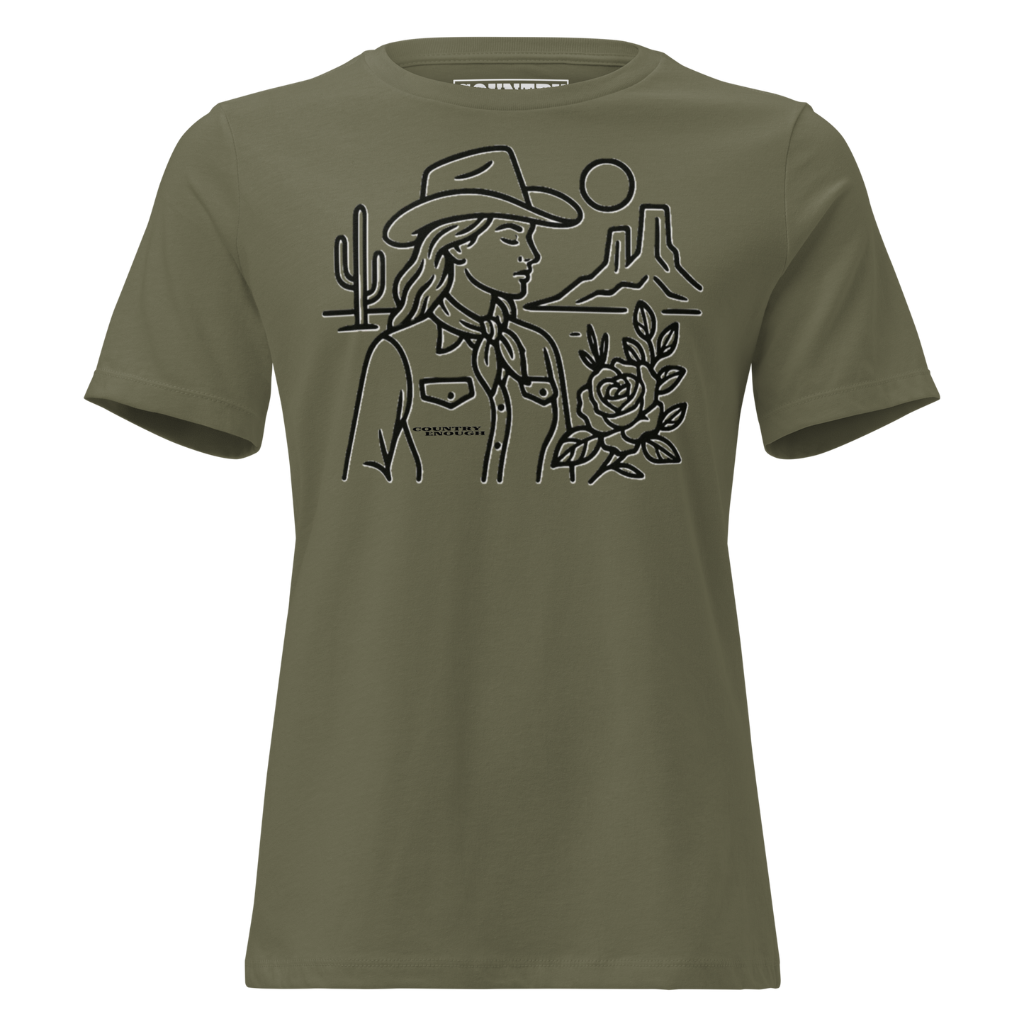 Women's t-shirt with graphic of a cowgirl, desert landscape, sun, cacti, and rose #militarygreen