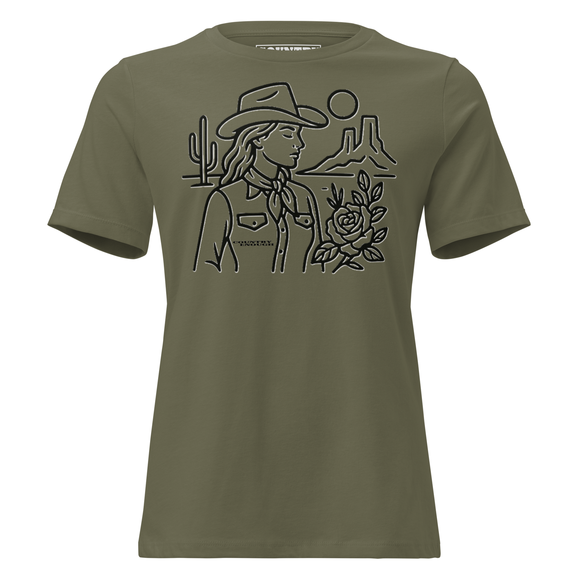 Women's t-shirt with graphic of a cowgirl, desert landscape, sun, cacti, and rose #militarygreen