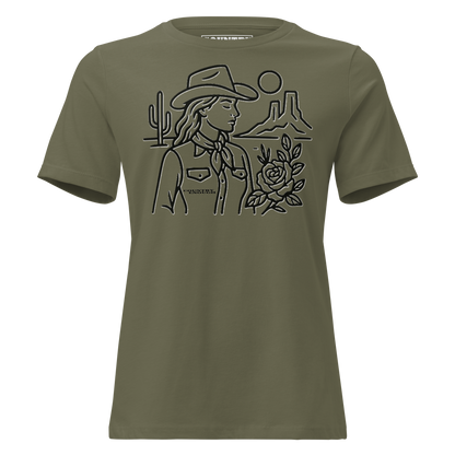 Women's t-shirt with graphic of a cowgirl, desert landscape, sun, cacti, and rose #militarygreen