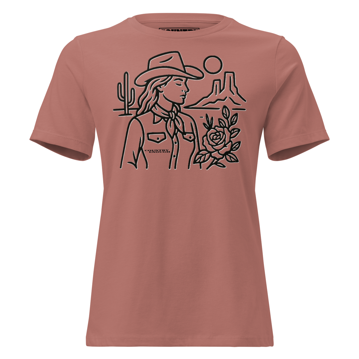 Women's t-shirt with graphic of a cowgirl, desert landscape, sun, cacti, and rose #mauve