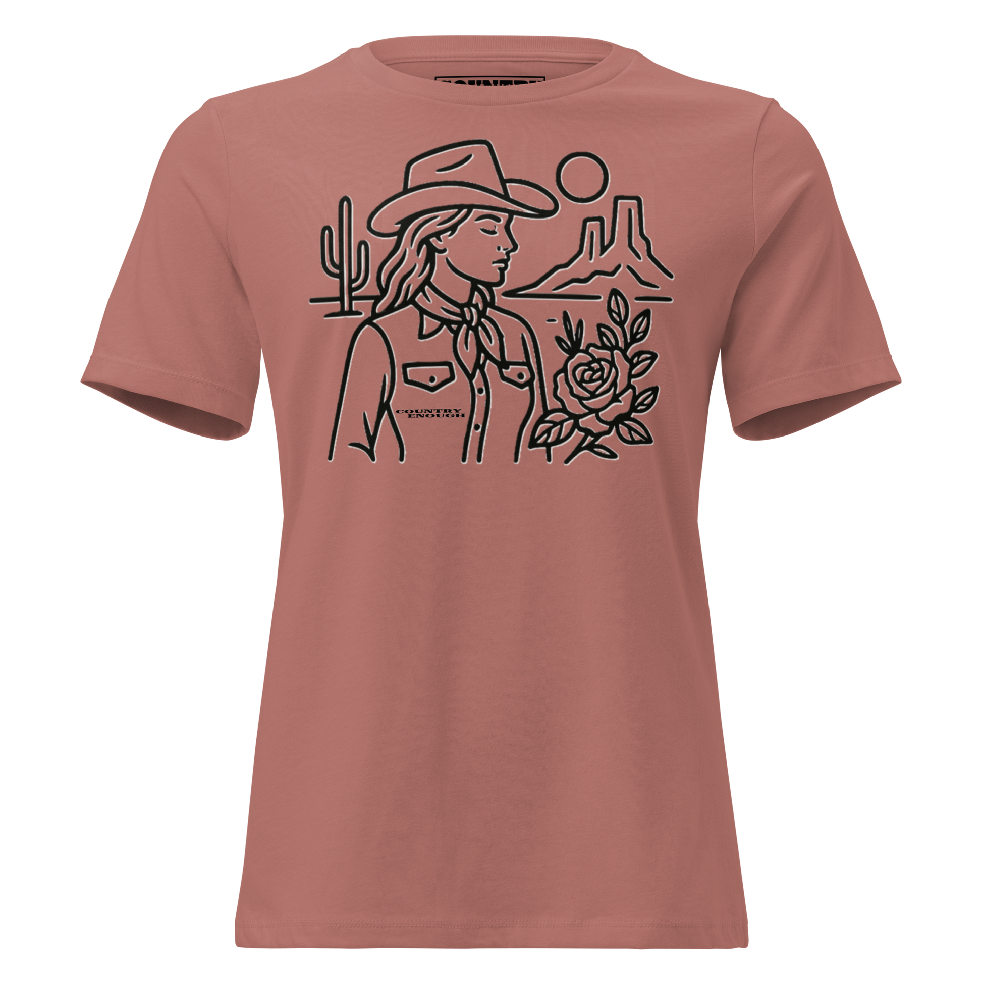 Women's t-shirt with graphic of a cowgirl, desert landscape, sun, cacti, and rose #mauve