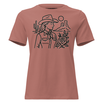 Women's t-shirt with graphic of a cowgirl, desert landscape, sun, cacti, and rose #mauve