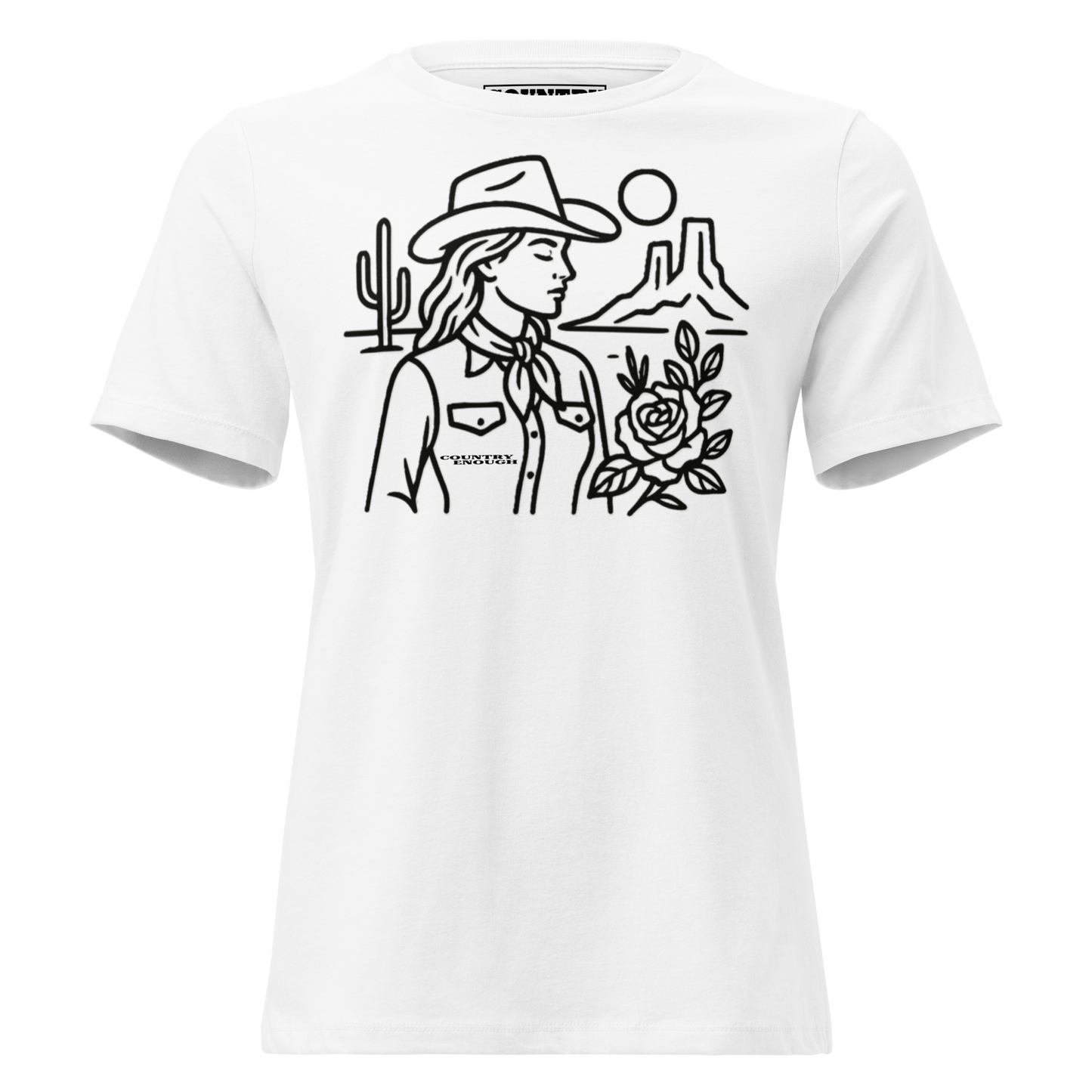 Women's t-shirt with graphic of a cowgirl, desert landscape, sun, cacti, and rose #white