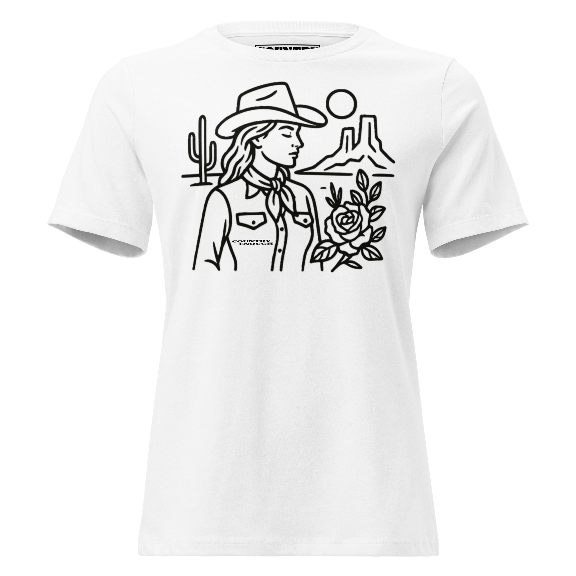 Women's t-shirt with graphic of a cowgirl, desert landscape, sun, cacti, and rose #white
