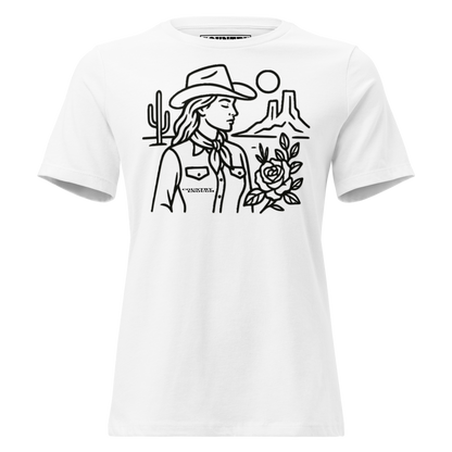 Women's t-shirt with graphic of a cowgirl, desert landscape, sun, cacti, and rose #white