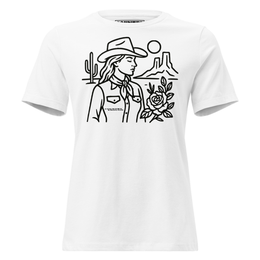 Women's t-shirt with graphic of a cowgirl, desert landscape, sun, cacti, and rose #white