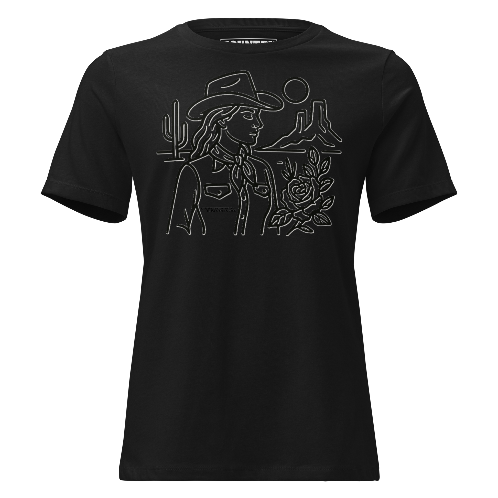 Women's t-shirt with graphic of a cowgirl, desert landscape, sun, cacti, and rose #black