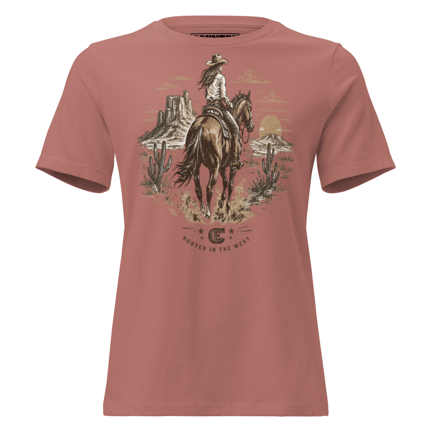 cowgirl head west on a horse in the desert landscape with the sun setting in the distance with ce logo and words rooted in the west #mauve