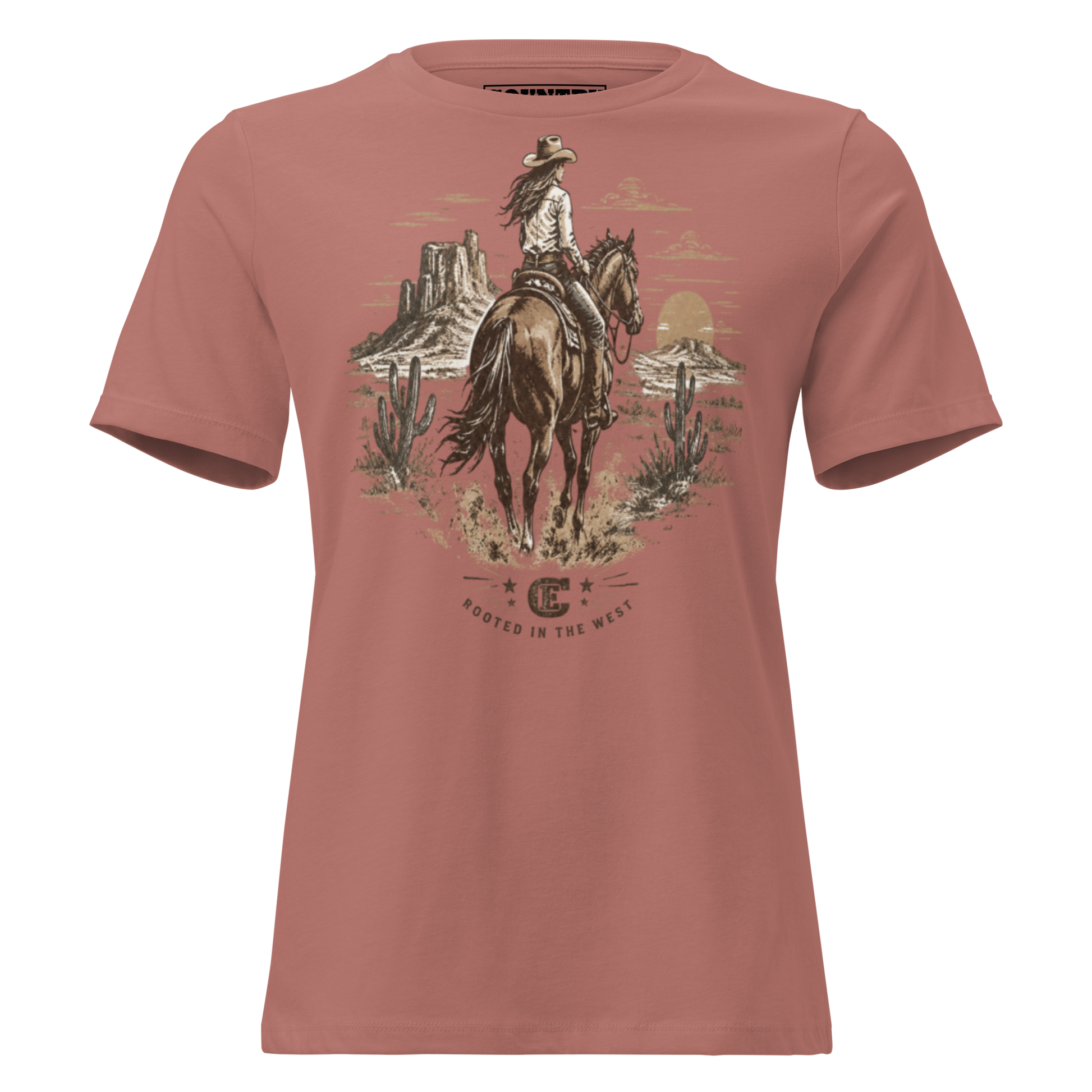 cowgirl head west on a horse in the desert landscape with the sun setting in the distance with ce logo and words rooted in the west #mauve