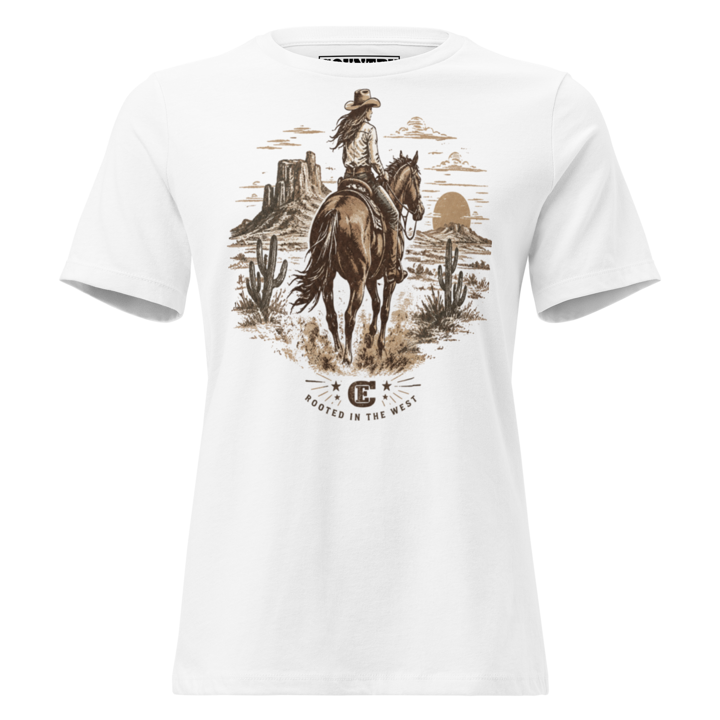 cowgirl head west on a horse in the desert landscape with the sun setting in the distance with ce logo and words rooted in the west #white