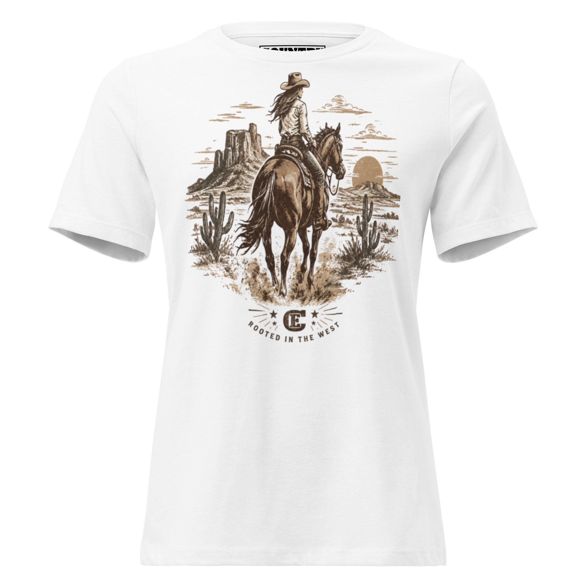 cowgirl head west on a horse in the desert landscape with the sun setting in the distance with ce logo and words rooted in the west #white