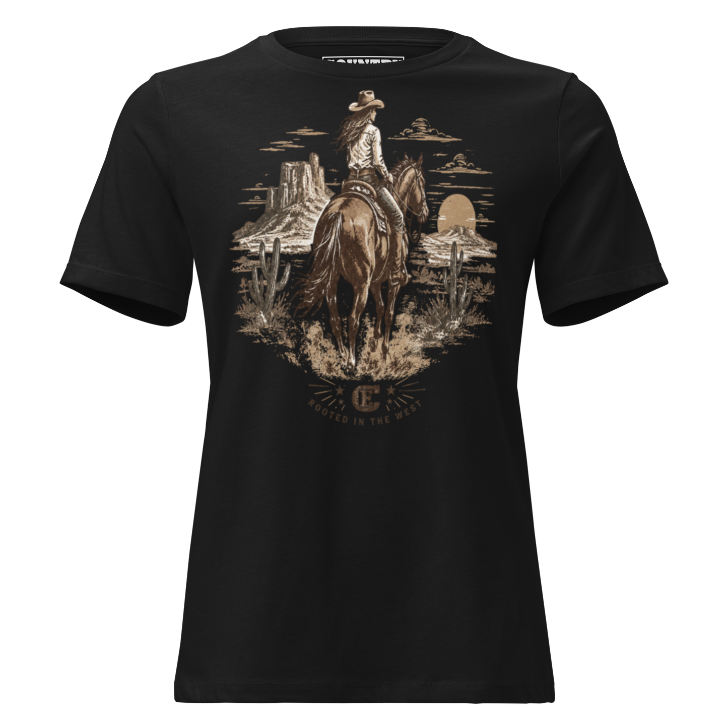 cowgirl head west on a horse in the desert landscape with the sun setting in the distance with ce logo and words rooted in the west #black