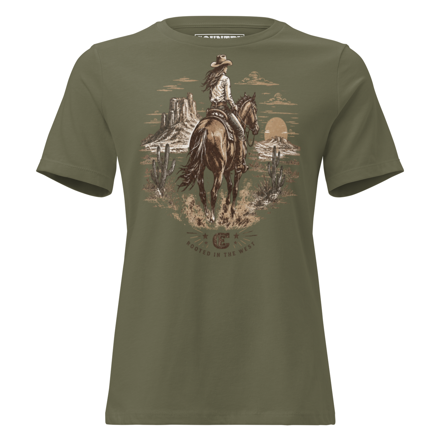 cowgirl head west on a horse in the desert landscape with the sun setting in the distance with ce logo and words rooted in the west #militarygreen