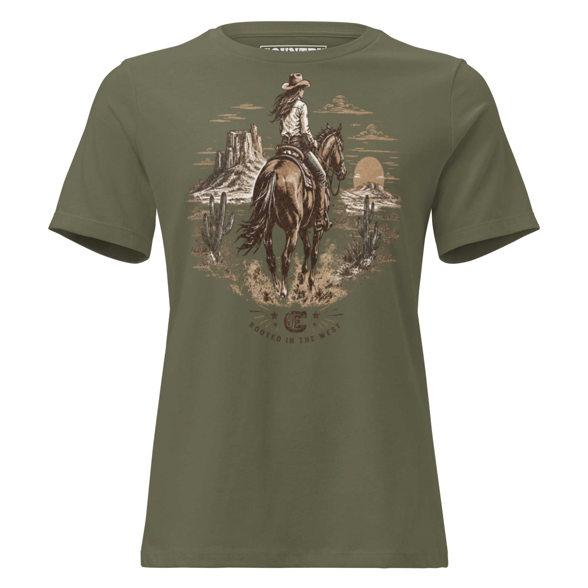 cowgirl head west on a horse in the desert landscape with the sun setting in the distance with ce logo and words rooted in the west #militarygreen