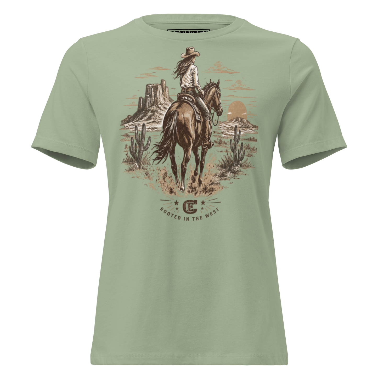 cowgirl head west on a horse in the desert landscape with the sun setting in the distance with ce logo and words rooted in the west #sage