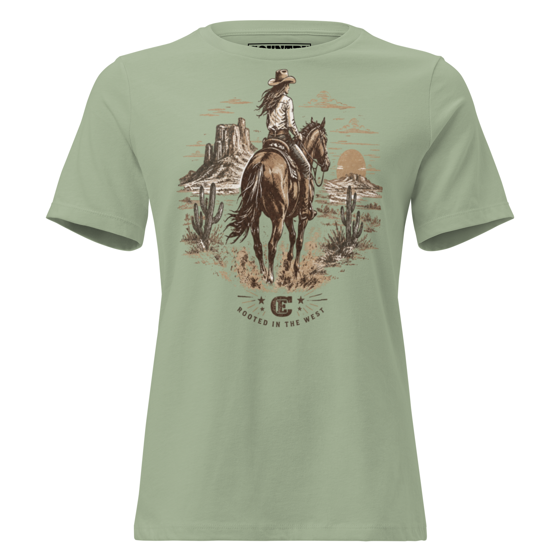 cowgirl head west on a horse in the desert landscape with the sun setting in the distance with ce logo and words rooted in the west #sage