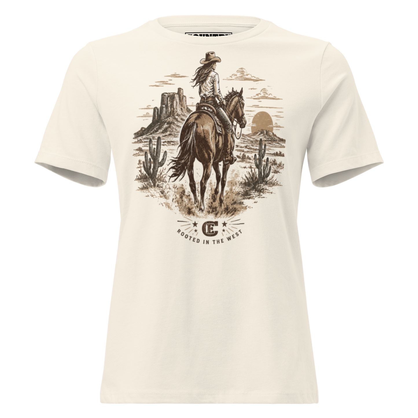 cowgirl head west on a horse in the desert landscape with the sun setting in the distance with ce logo and words rooted in the west #natural