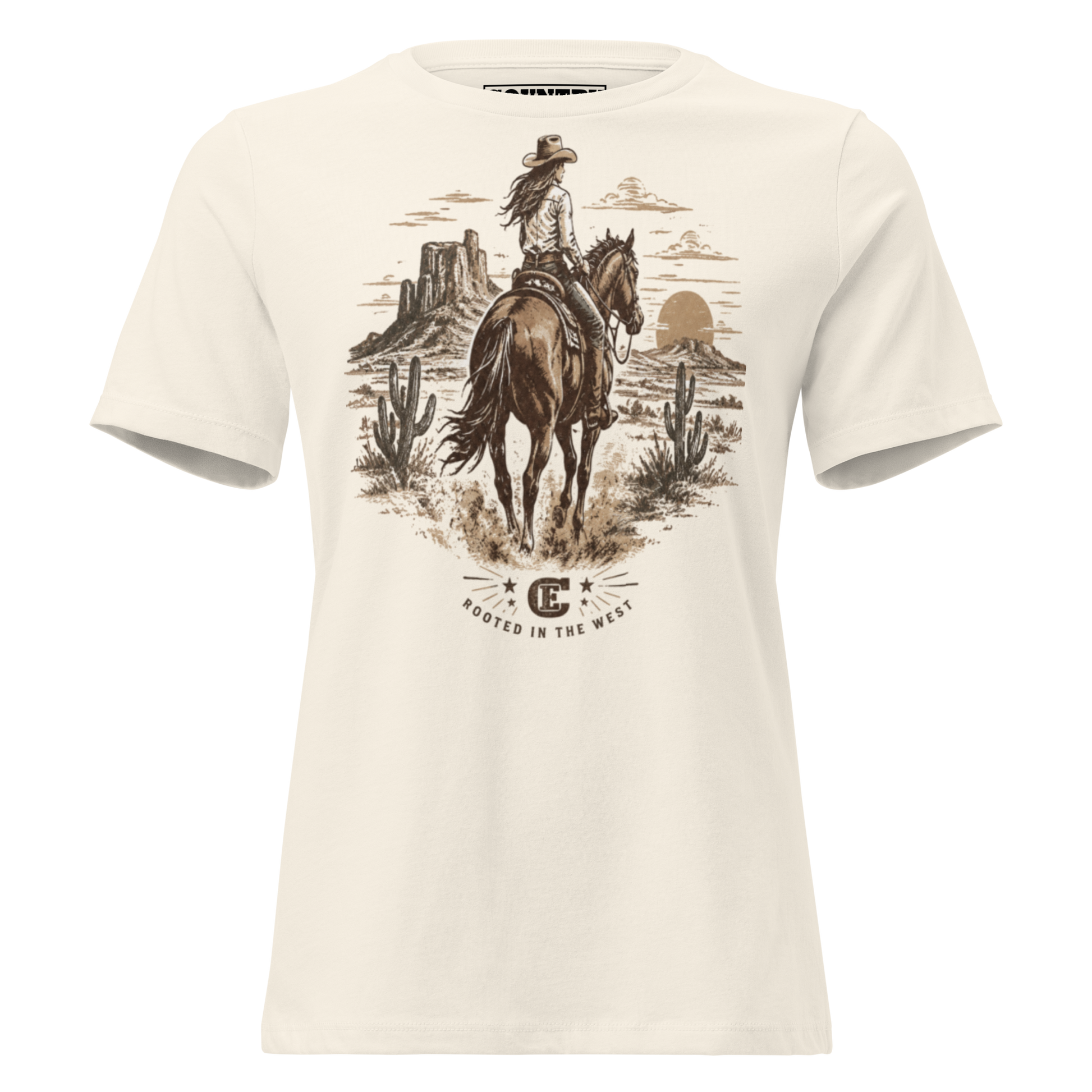 cowgirl head west on a horse in the desert landscape with the sun setting in the distance with ce logo and words rooted in the west #natural