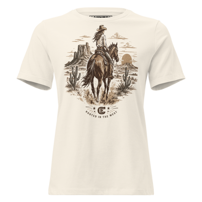 cowgirl head west on a horse in the desert landscape with the sun setting in the distance with ce logo and words rooted in the west #natural